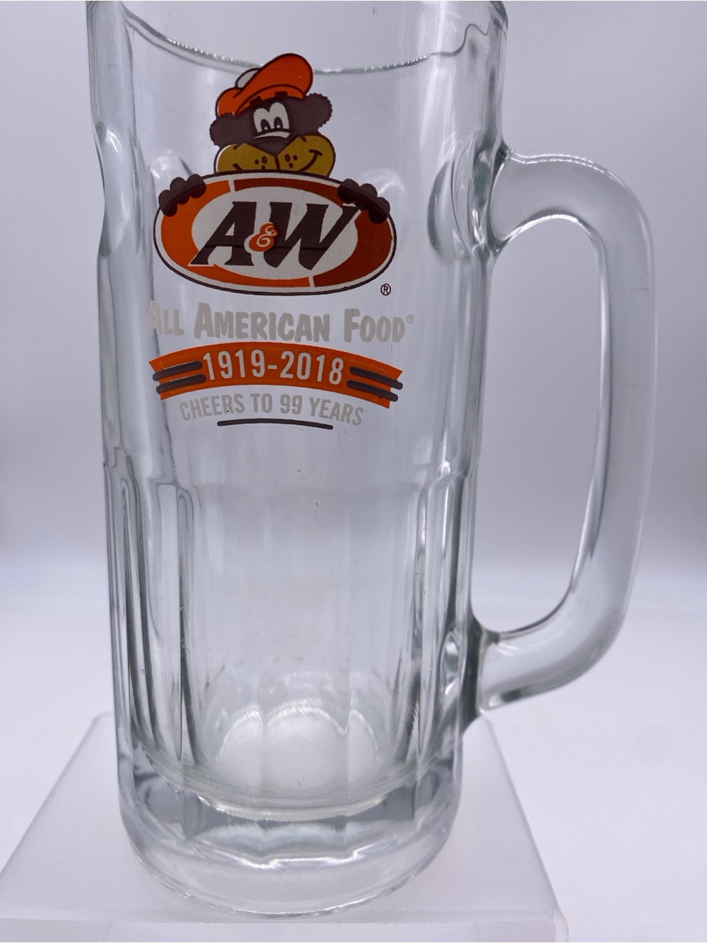 Retro anniversary branded mug Clear Glass root Beer Mug with Orange Logo